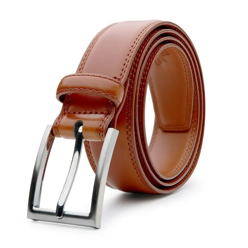 Men's genuine leather casual belt with an alloy buckle shown in 95 grain brown, black, and yellow brown colour options.