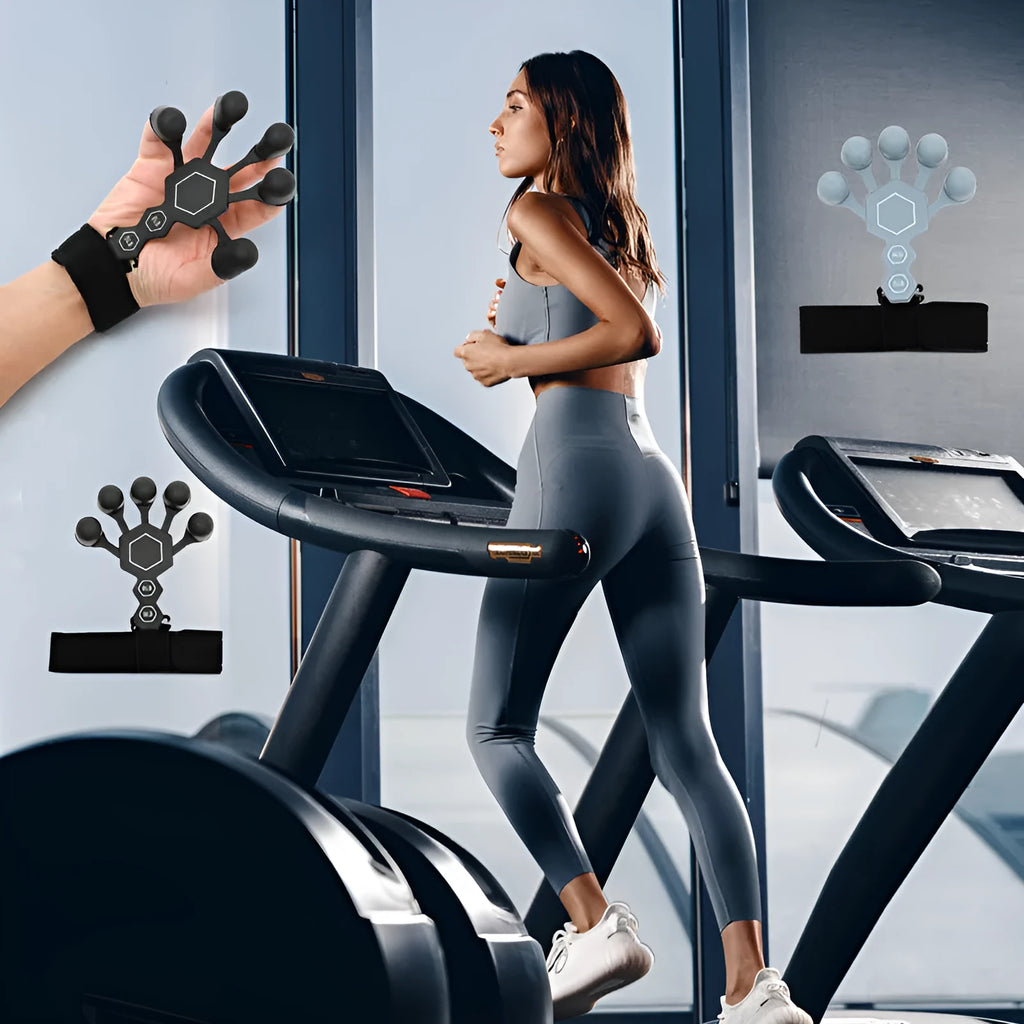 Grey silicone hand trainer brace with 5-finger design for adult rehabilitation and strength training