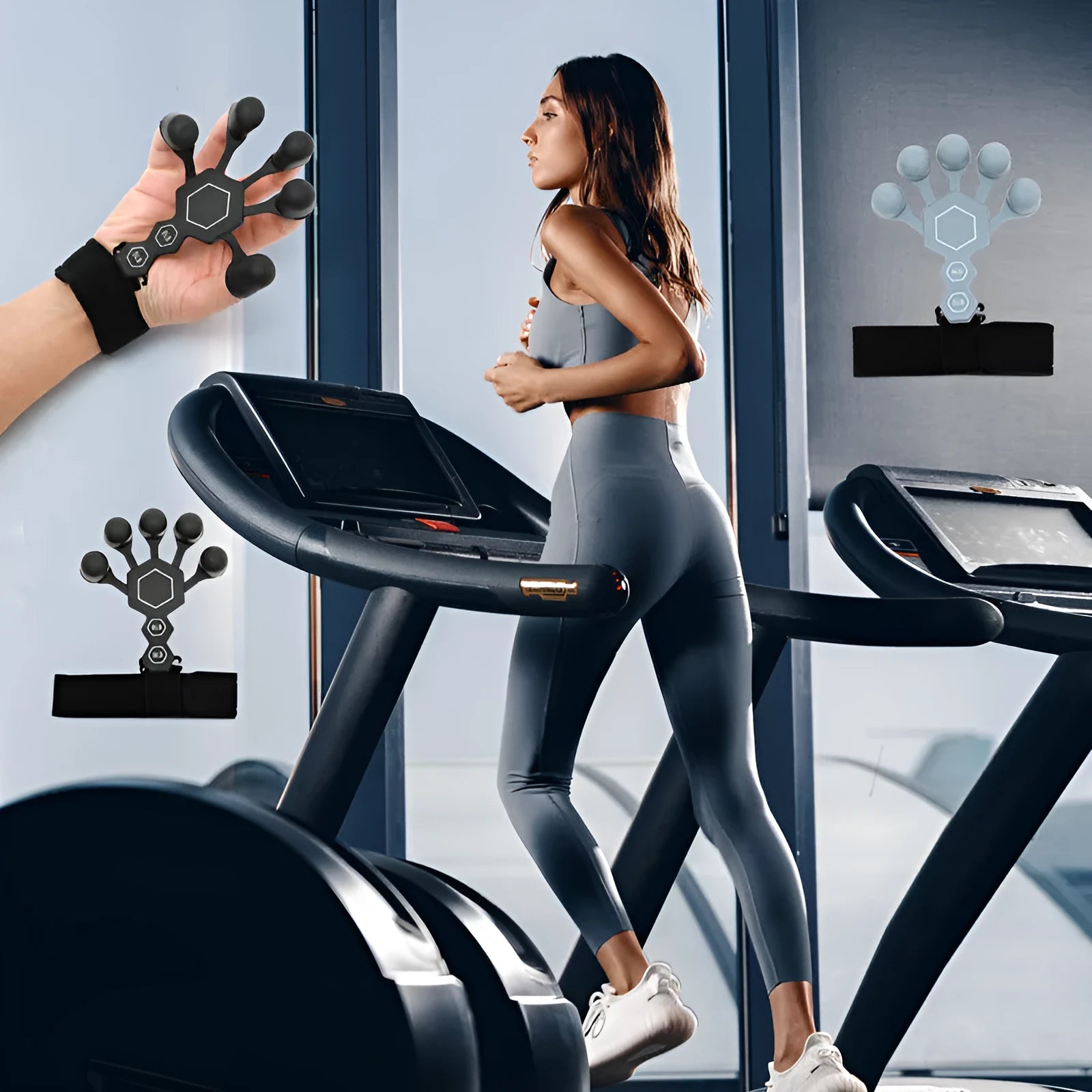 Grey silicone hand trainer brace with 5-finger design for adult rehabilitation and strength training