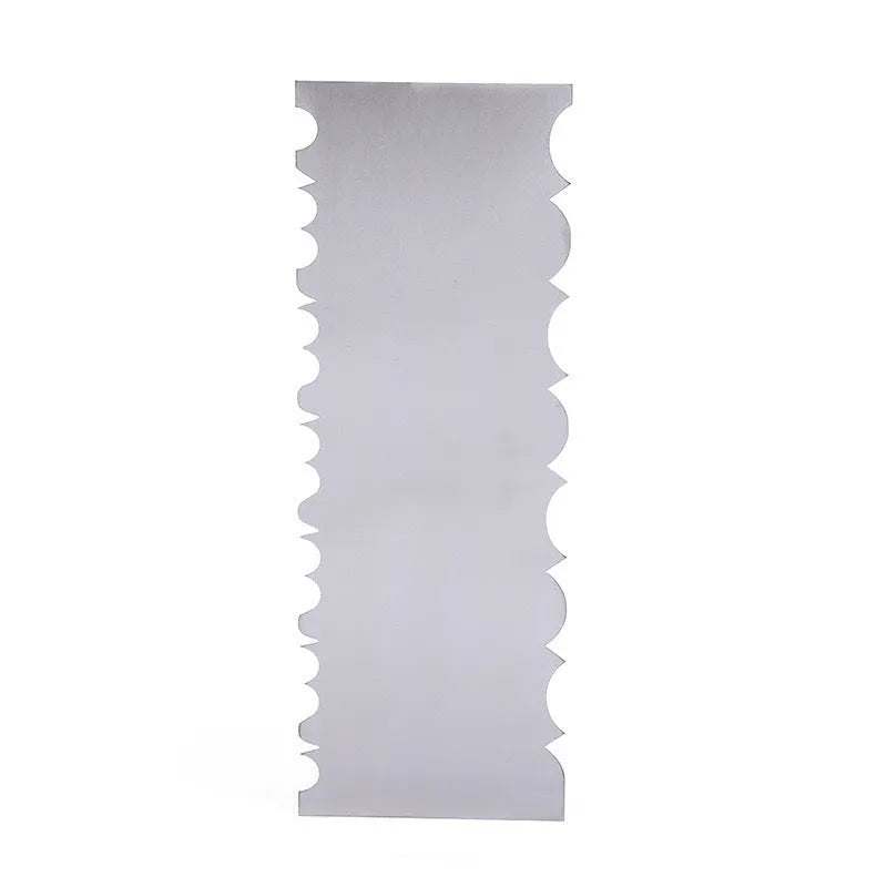 Stainless steel cake decorating scraper with multiple polygon-pattern heads for textured finishes.