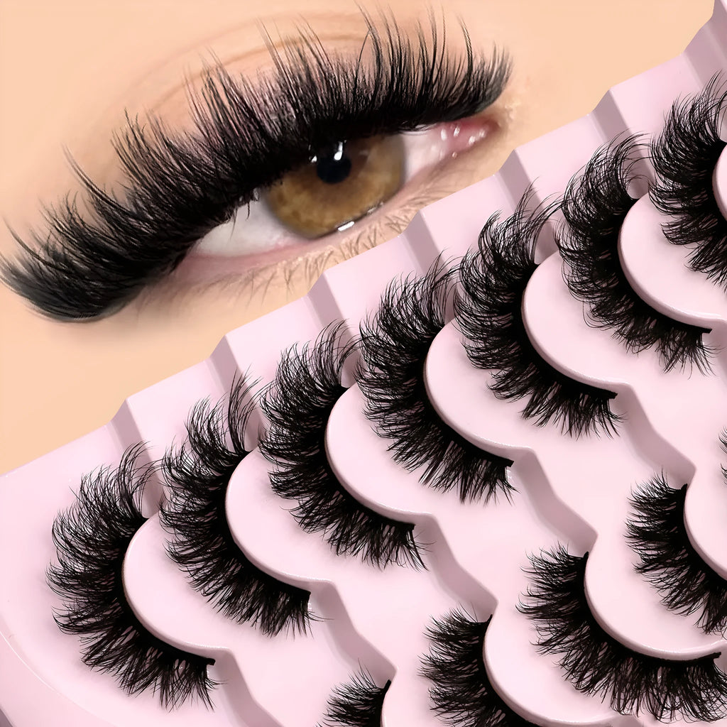 Box of artificial fibre false eyelashes showing six different style specifications with included adhesive glue