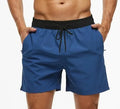 Men's blue drawstring athletic shorts with contrast stitching on the waistband and side pockets.