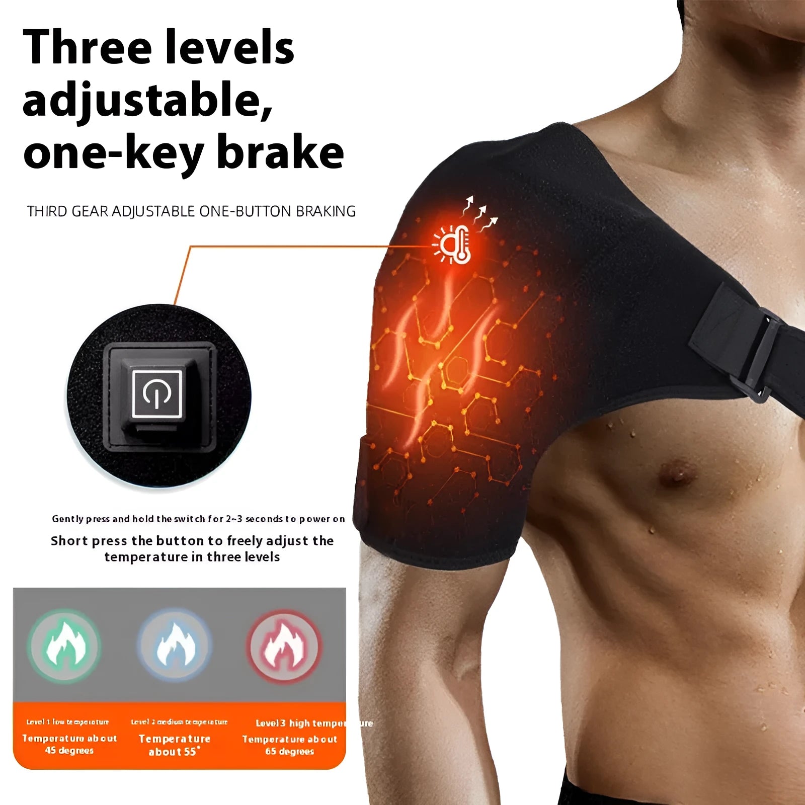 USB electric heating shoulder pad with adjustable elastic strap, plugged into a power bank.