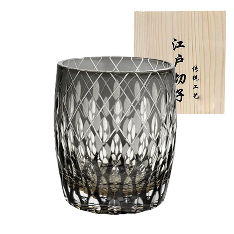 Japanese-style Edo crystal glass whisky tumbler with amber flash cut design in wooden box