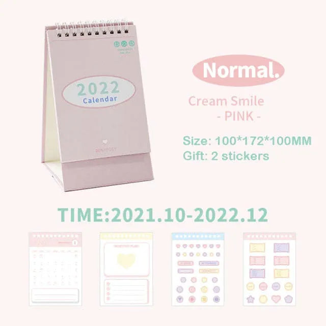 Cream coil-bound desk calendar for 2022, paper, 210g, Regular size 100x100x172mm, on a desk
