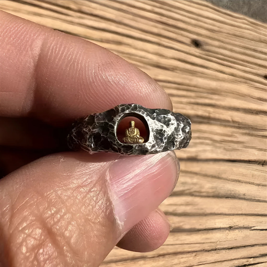 Hand-forged copper grotto Buddha ring with a rock texture finish, shown in size No. 8.