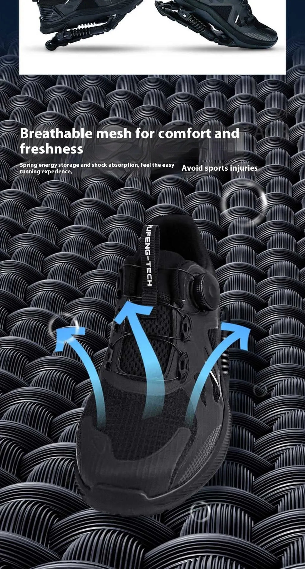 Black mesh running shoes with rubber EVA sole, middle top height, unisex sizes 35-45