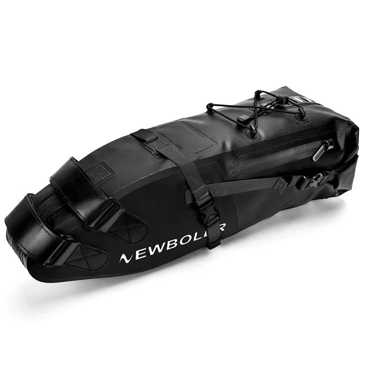 Yellow waterproof PVC bicycle tail bag mounted on a bike rack, showing its 13-litre capacity and sturdy construction.