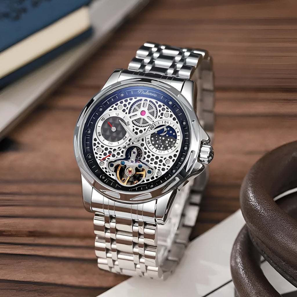 Men's automatic watch with luminous hands on stainless steel bracelet and leather strap options