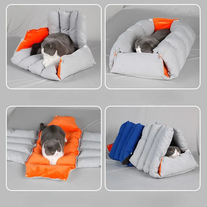 Blue triangular cotton cat bed with drilled holes for stacking, measuring 45x38x38cm