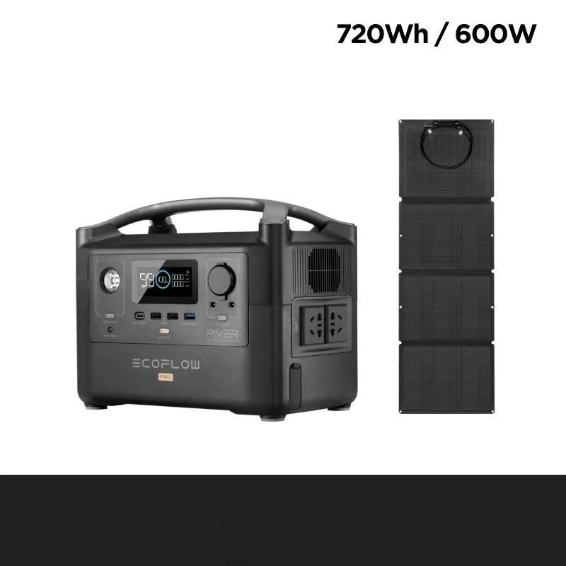 Rui Pro 720Wh portable power station with LCD screen and multiple output ports on a black casing.