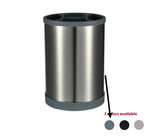 Black silicone kitchen utensil set with 12 tools stored in a rotating plastic storage bucket on a worktop.