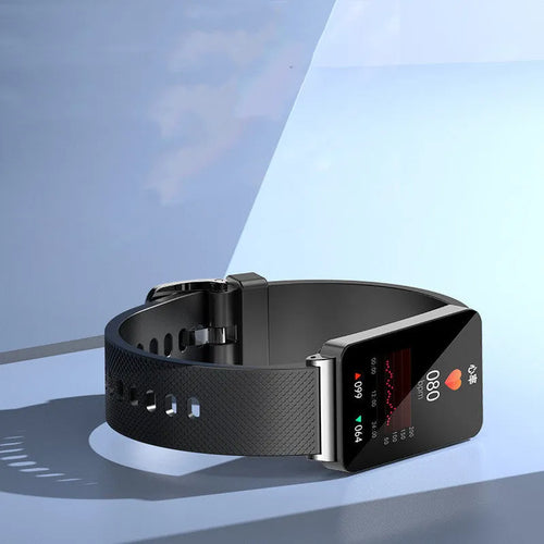 Blood Glucose Smart Bracelet for Android with black TPU strap and USB magnetic charger.