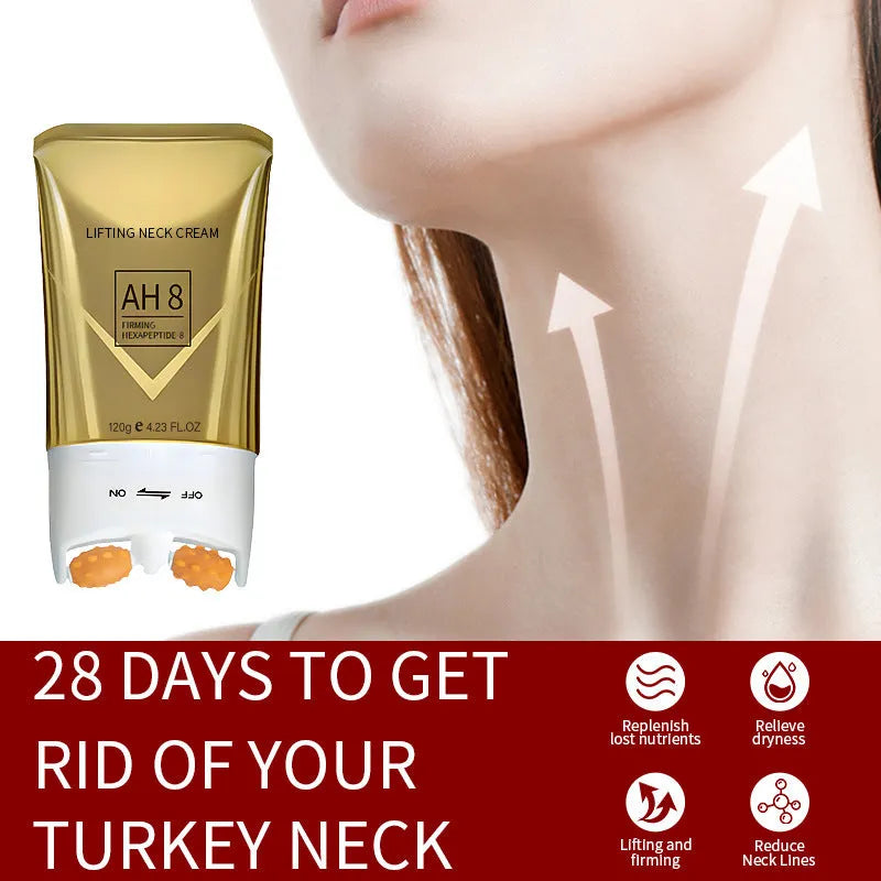Neck cream with roller applicator in 8.8 x 3.5 x 16.5 cm container, 120g wrinkle treatment