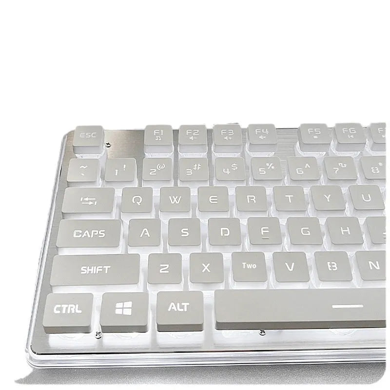 Wired mechanical feeling keyboard with button mute and multiple colour lighting options on desk