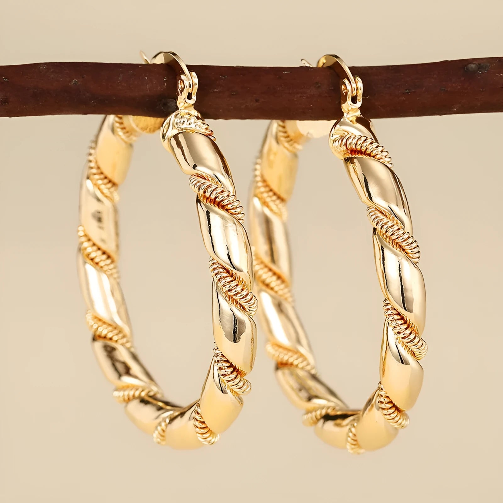 Geometric copper ear clips with ring and line design in golden colour for women