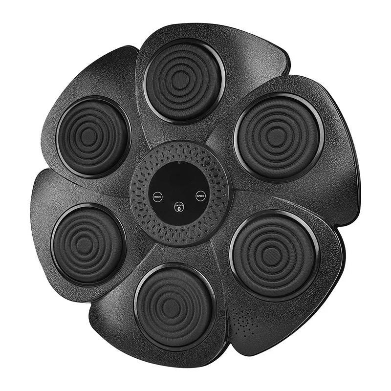 Black plastic smart boxing wall target with LED lights, half-finger glove, and charging cable on a white background.