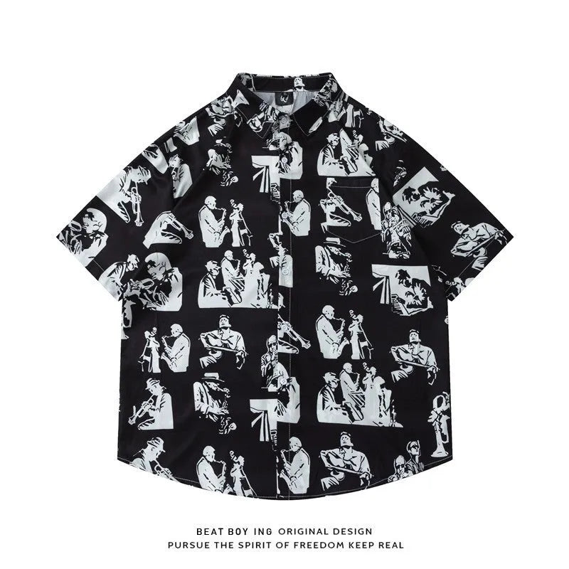 A loose short sleeve floral print cardigan-style shirt on a hanger.