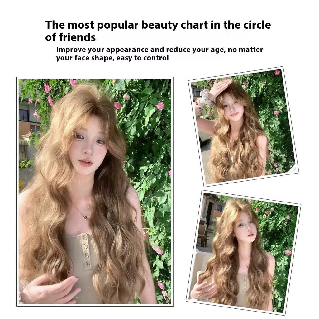 Linen brown synthetic wig with medium long curly hairstyle and hair net
