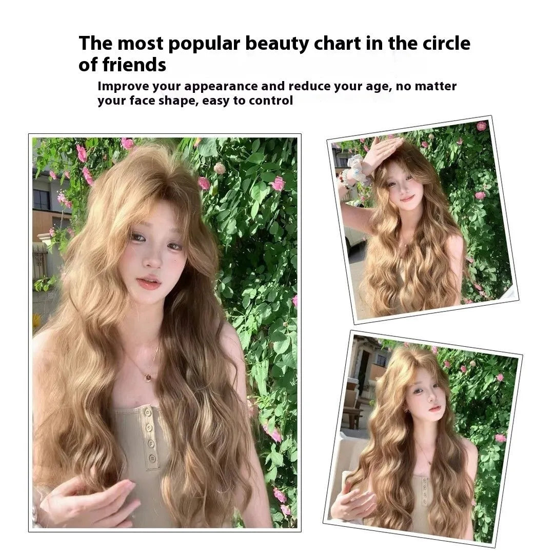 Linen brown synthetic wig with medium long curly hairstyle and hair net