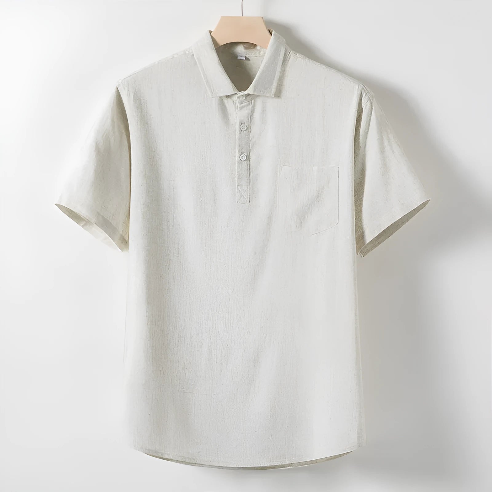 Men's linen T-shirt with loose lapel collar in hemp blend fabric showing size options