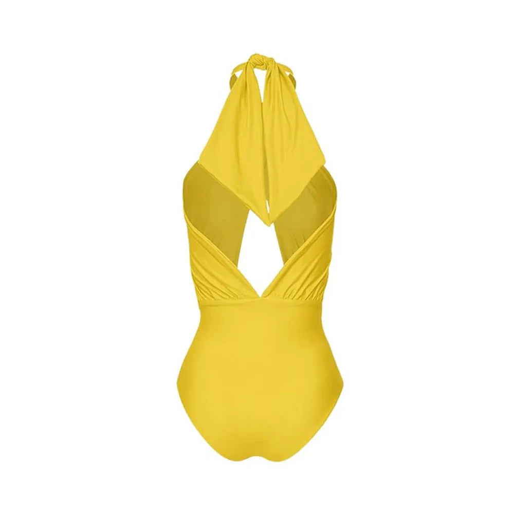 Women's solid colour halter neck one-piece swimsuit with matching skirt wrap