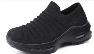 Plus size fly-knit socks shoes with mesh upper in multiple colour options showing round toe design