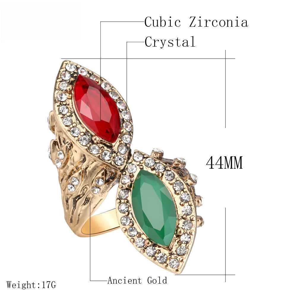 Bohemian retro gold-plated ladies ring with ruby and emerald artificial gemstone, geometric alloy band, sized No 7-10