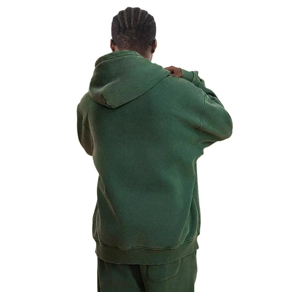 Men's washed cotton hooded cardigan sweater with fleece lining and a double zip front.
