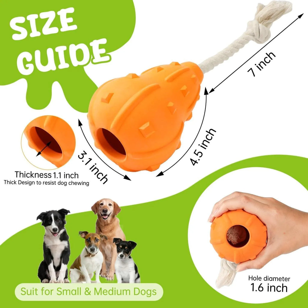 Natural rubber stuffable dog fetch toy with longer strap for small to medium breed dogs.