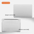 MacBook Pro laptop with a crystal transparent protective hard shell case snapped onto its lid and base.