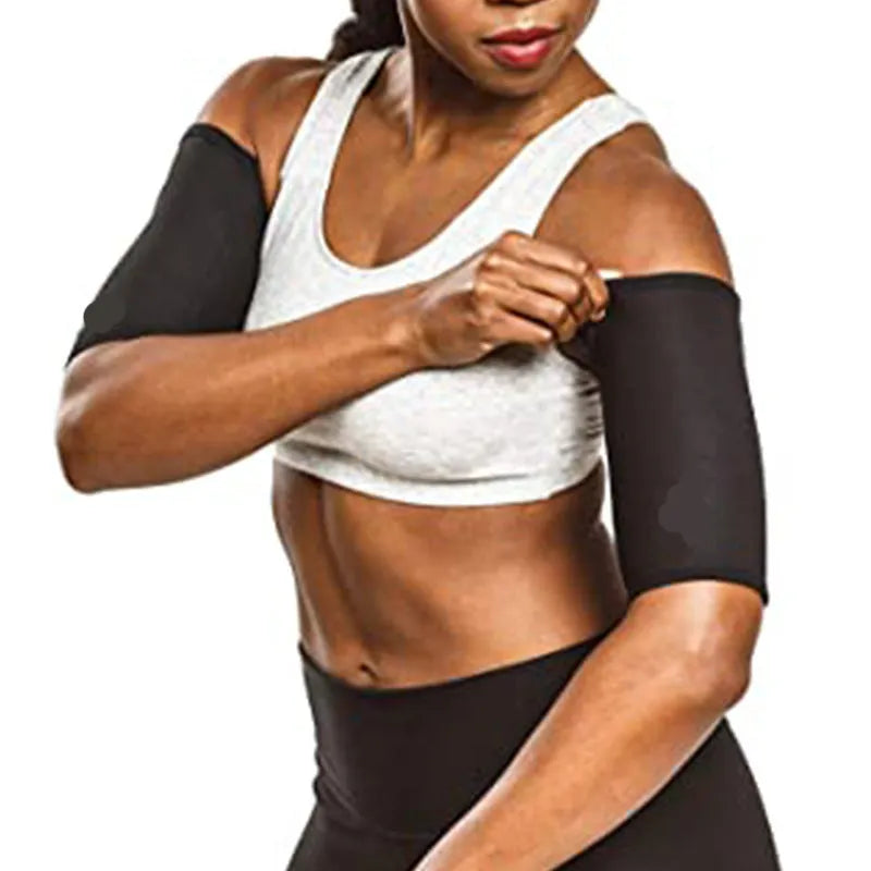 Adjustable arm sweatband with hook-and-loop strap in blue, shown on an arm during exercise.