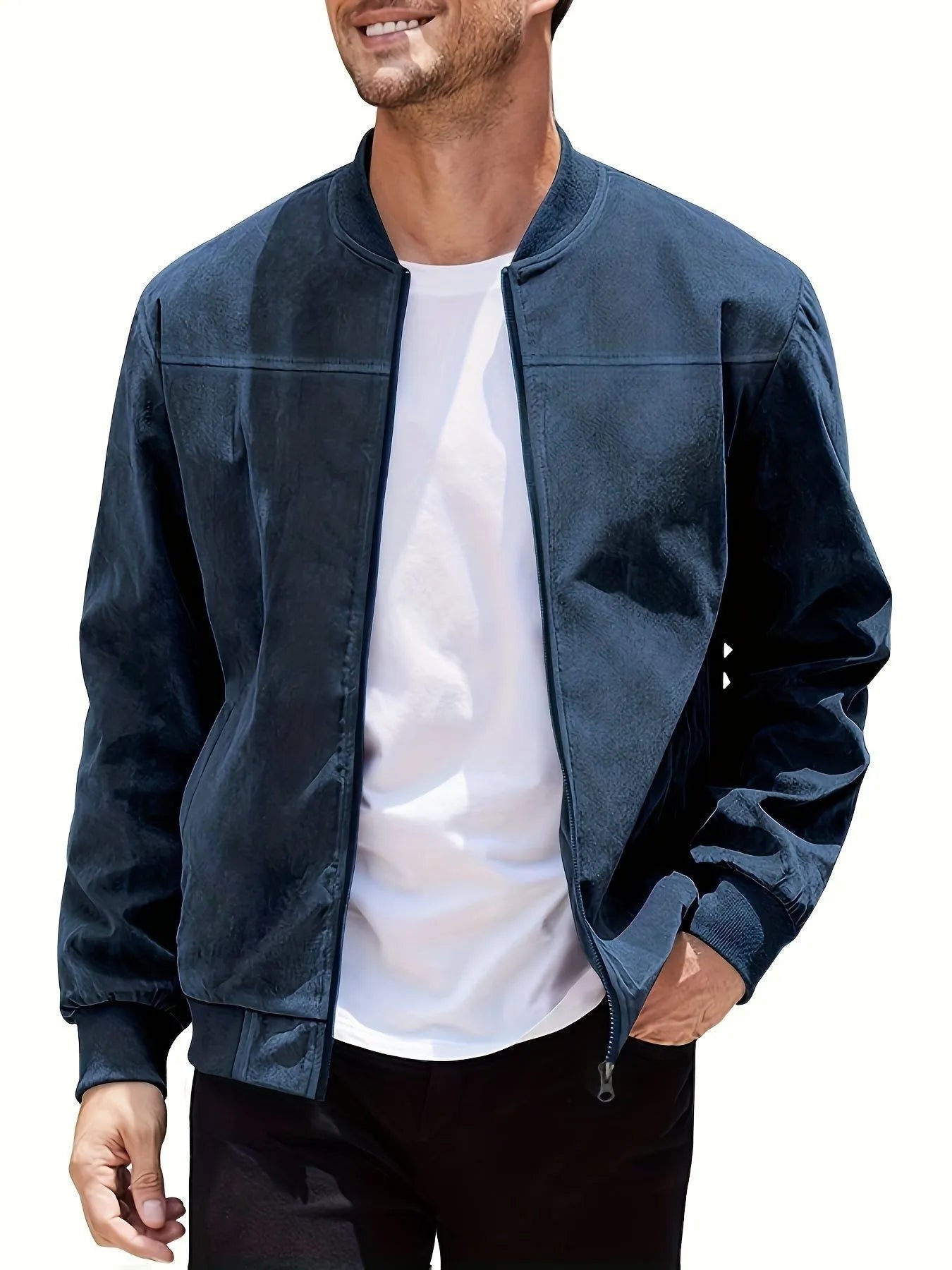 Men's plus size casual jacket in polyester suede fabric, shown in Army Green colour.