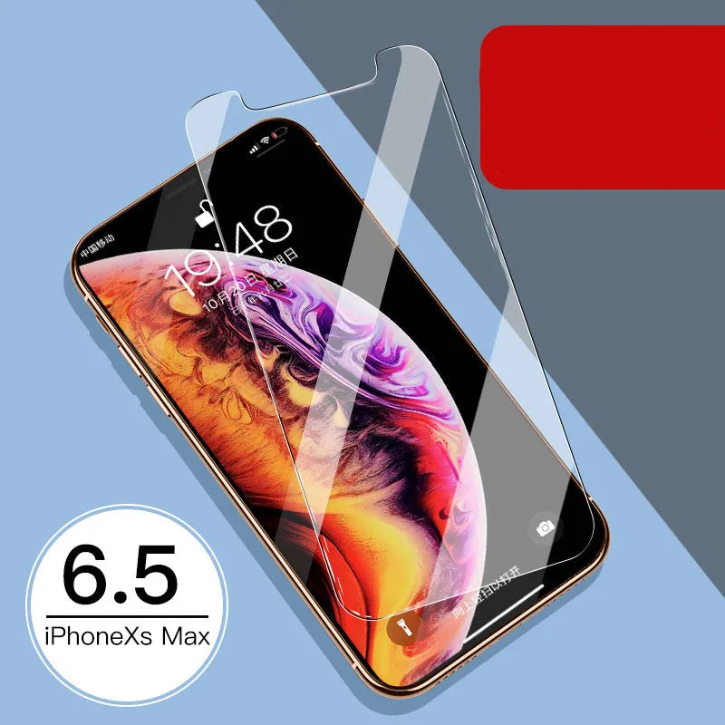 Tempered glass screen and rear protector film for Apple iPhone models on a table.