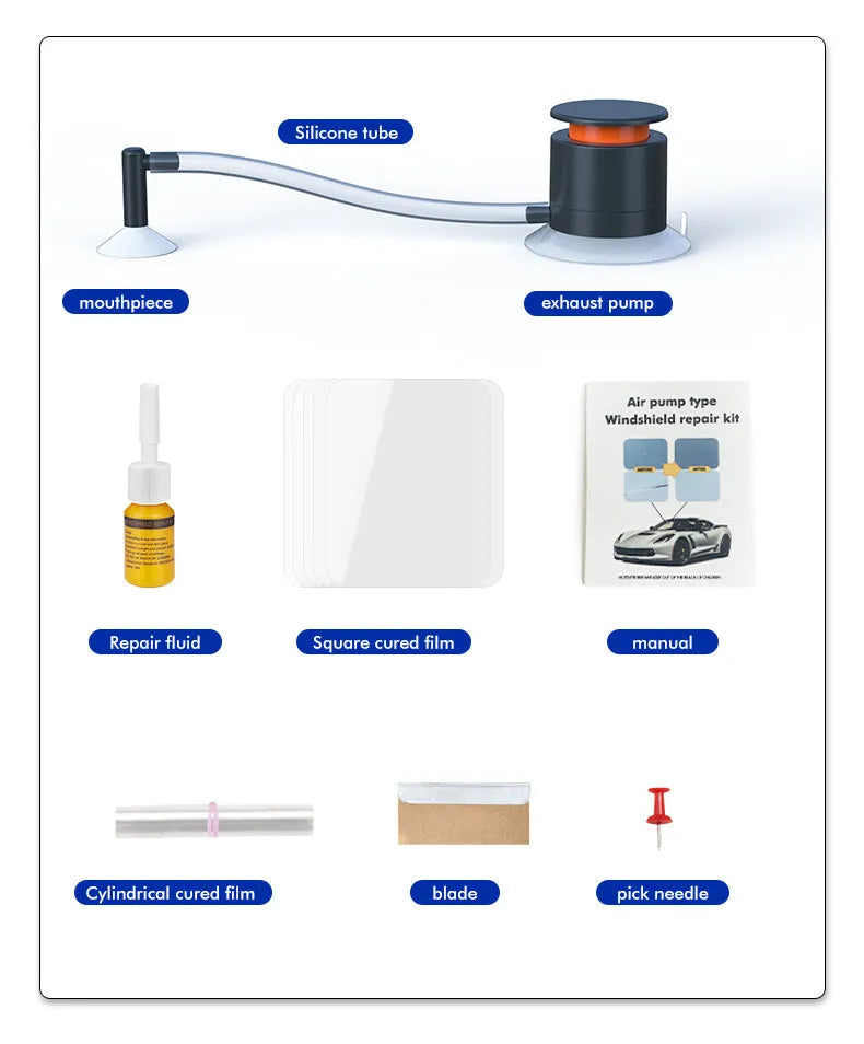 Car windscreen crack repair tool kit with plastic applicator and glass corrector bottle