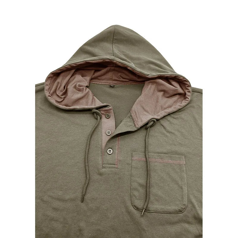 Men's long-sleeved hooded Henley T-shirt in cotton blend, pullover outdoor top