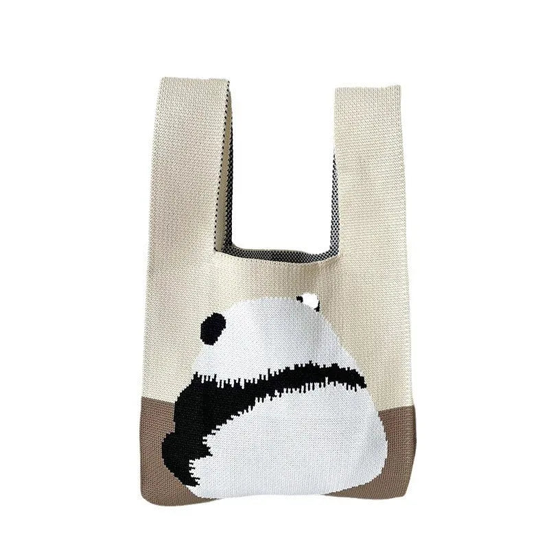 Women's knitted polyester casual handbag in beige with open outer pocket, 20cm x 35cm