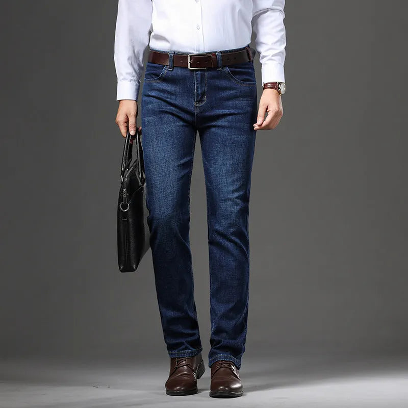 Loose fit straight-leg stretch jeans in black and blue denim colours on a hanger