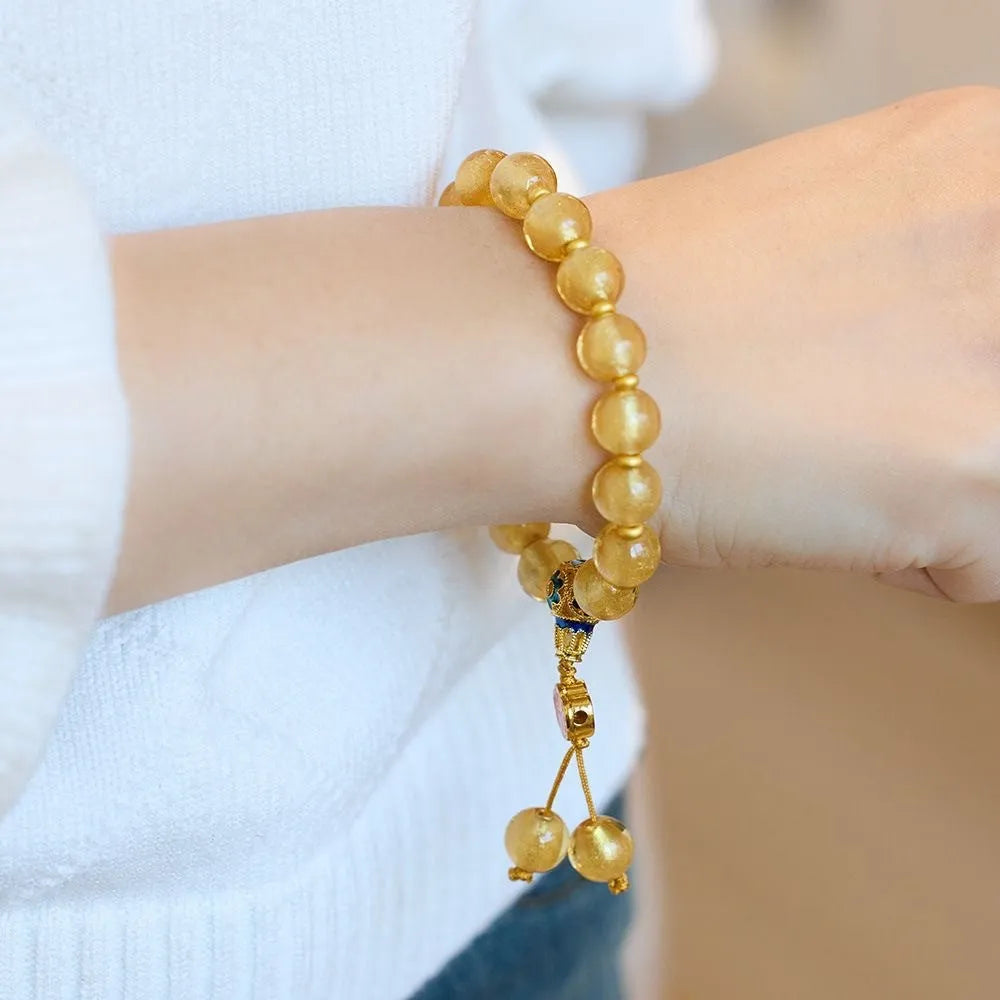 10mm natural stone beaded mixed stitching bracelet in gold foil colour with flower design