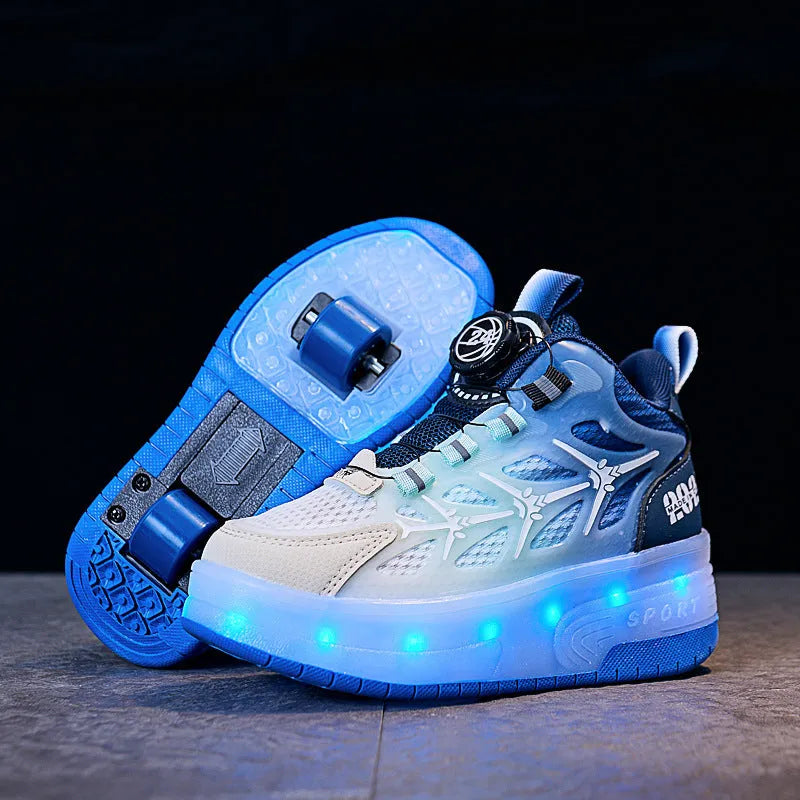 Children's black flash knob roller skating shoes with rotating adjustment mechanism and PVC sole