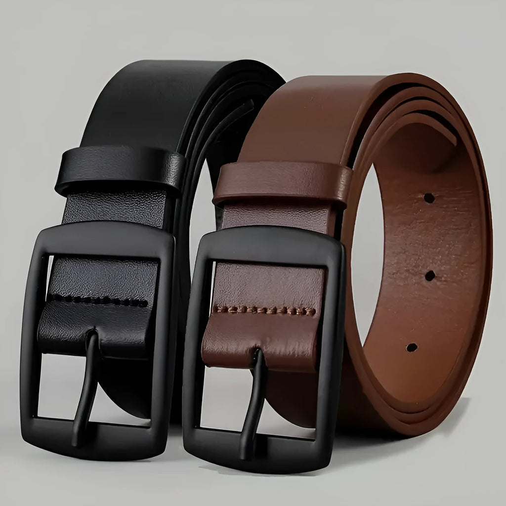 Men business casual imitation leather belt with alloy buckle, 120cm length, black buttons