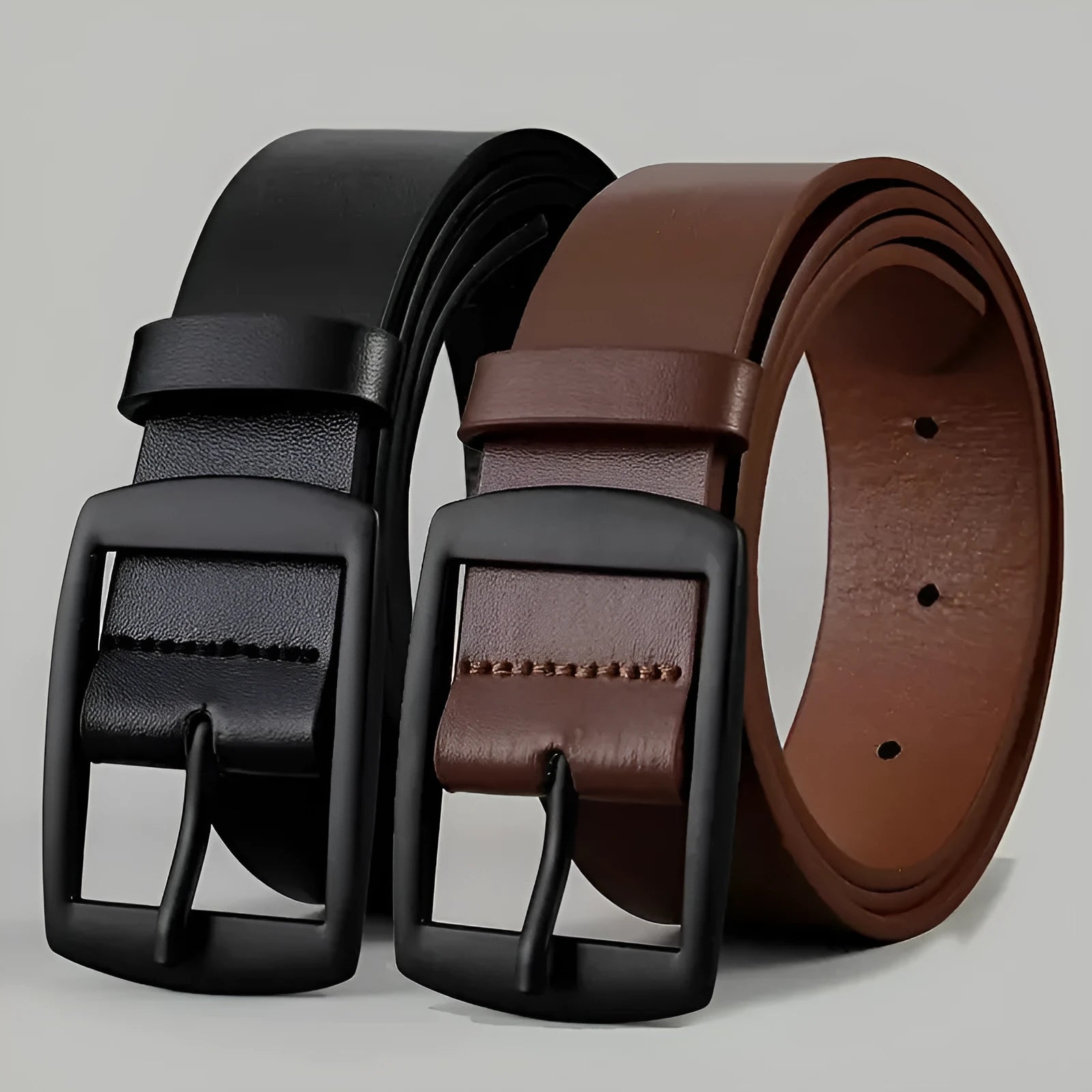 Men business casual imitation leather belt with alloy buckle, 120cm length, black buttons