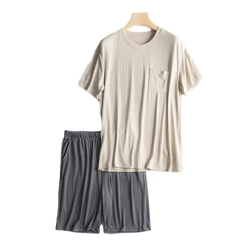Men's thin polyester summer home wear suit with short sleeve T-shirt and matching shorts in oatmeal and deep gray colour combination