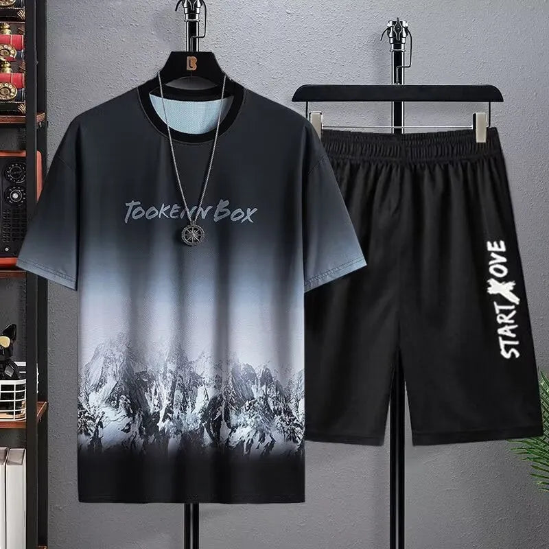 Men's summer ice silk suit featuring short sleeve T-shirt and matching shorts in polyester fabric