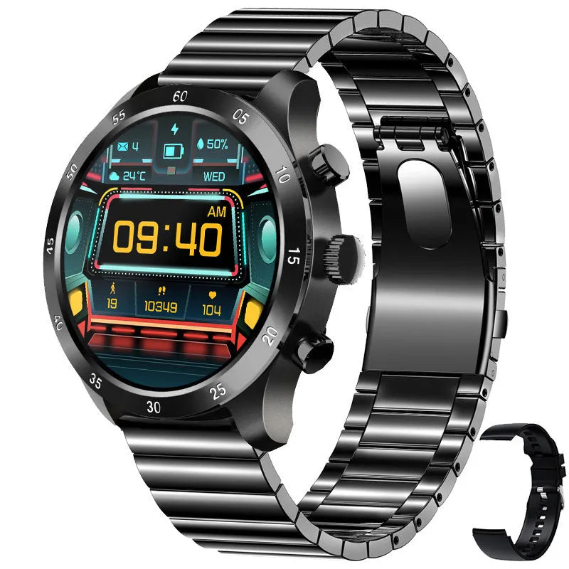 Black Bluetooth smart watch with touch screen displaying heart rate, on a grey silicone strap.