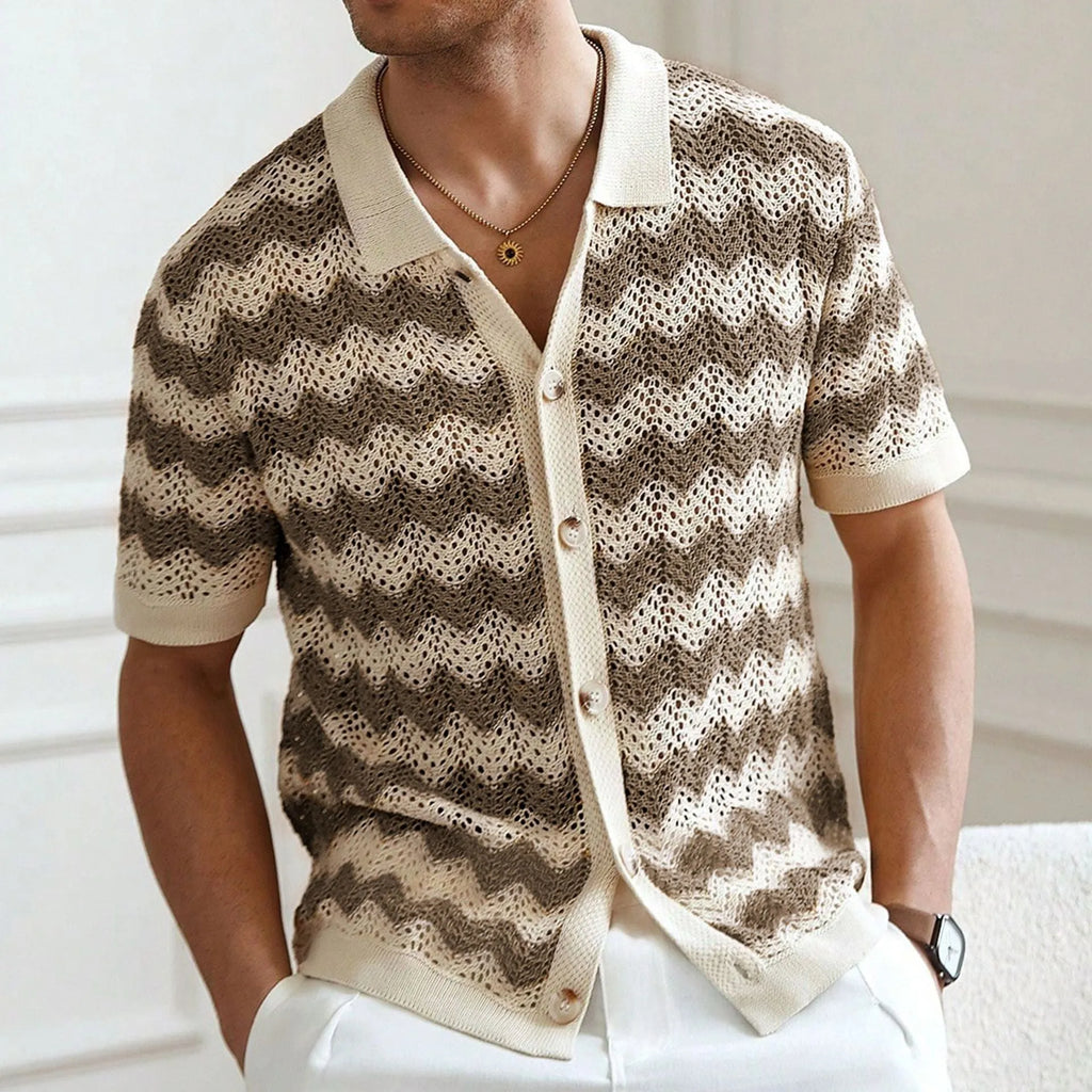 Yellow short-sleeve Tencel sweater with hollow jacquard corrugated texture on a hanger.