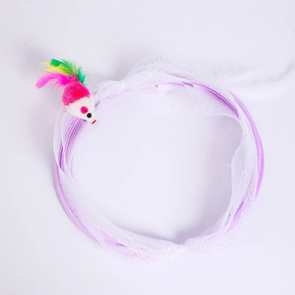 Steel wire frame cat tunnel toy with elastic net material and feather attachments for interactive pet play
