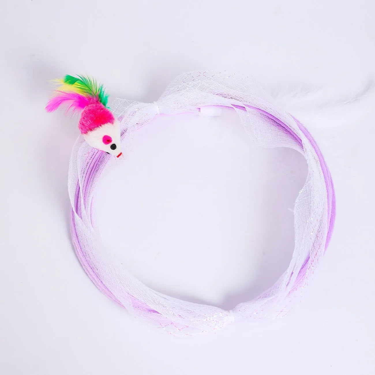 Steel wire frame cat tunnel toy with elastic net material and feather attachments for interactive pet play