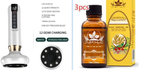 Green electric vacuum cupping massager device with USB cable on a white background