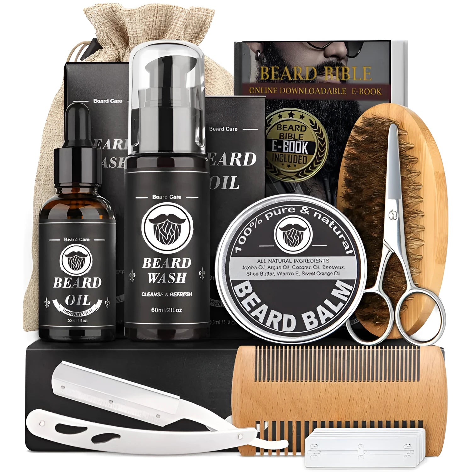 Men's beard grooming kit with beard roller and SPF50 moisturising formula in Suit series packaging